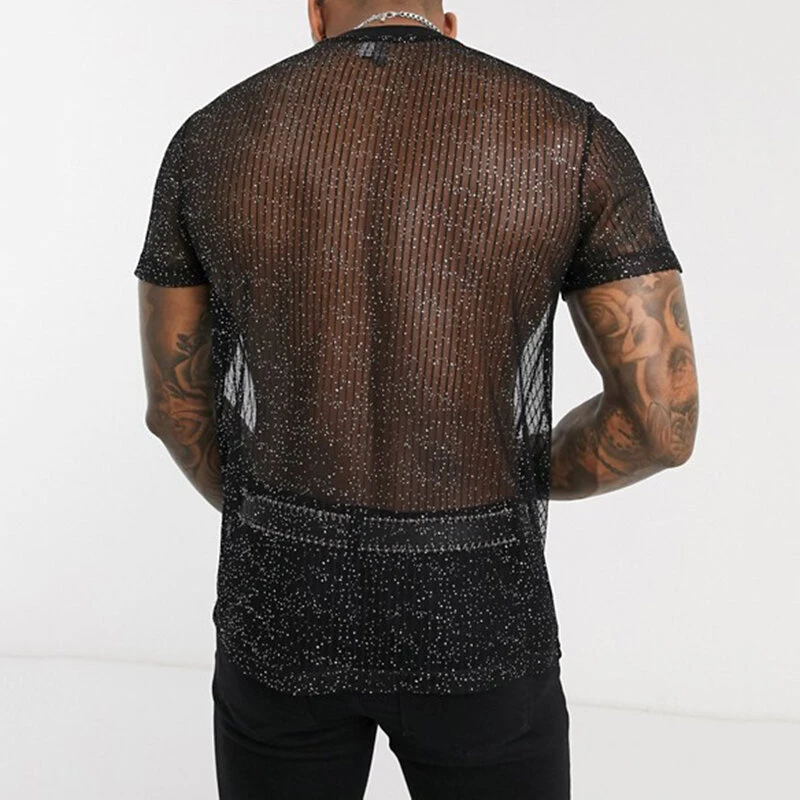 (image for) Men Mesh See-Through T-Shirt Training Fitness Sport Casual Short Sleeve Slim Fit Thin Tee Tops