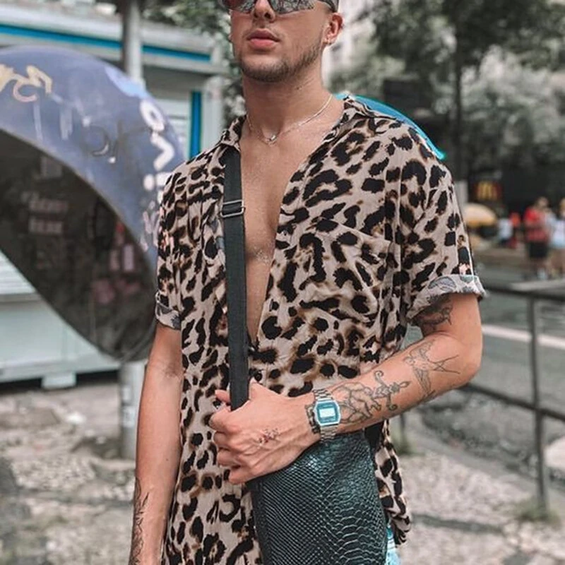 (image for) OUTDOOR Summer Leopard Print Shirts Fashion Men Short Sleeve Lapel Shirt Casual Floral Blouse Men Hawaiian Beach Tops